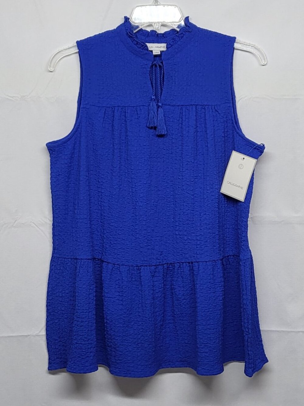 Calligraphie Womens Seersucker Top Sleeveless Size Large Tunic Tie-Neck NWT